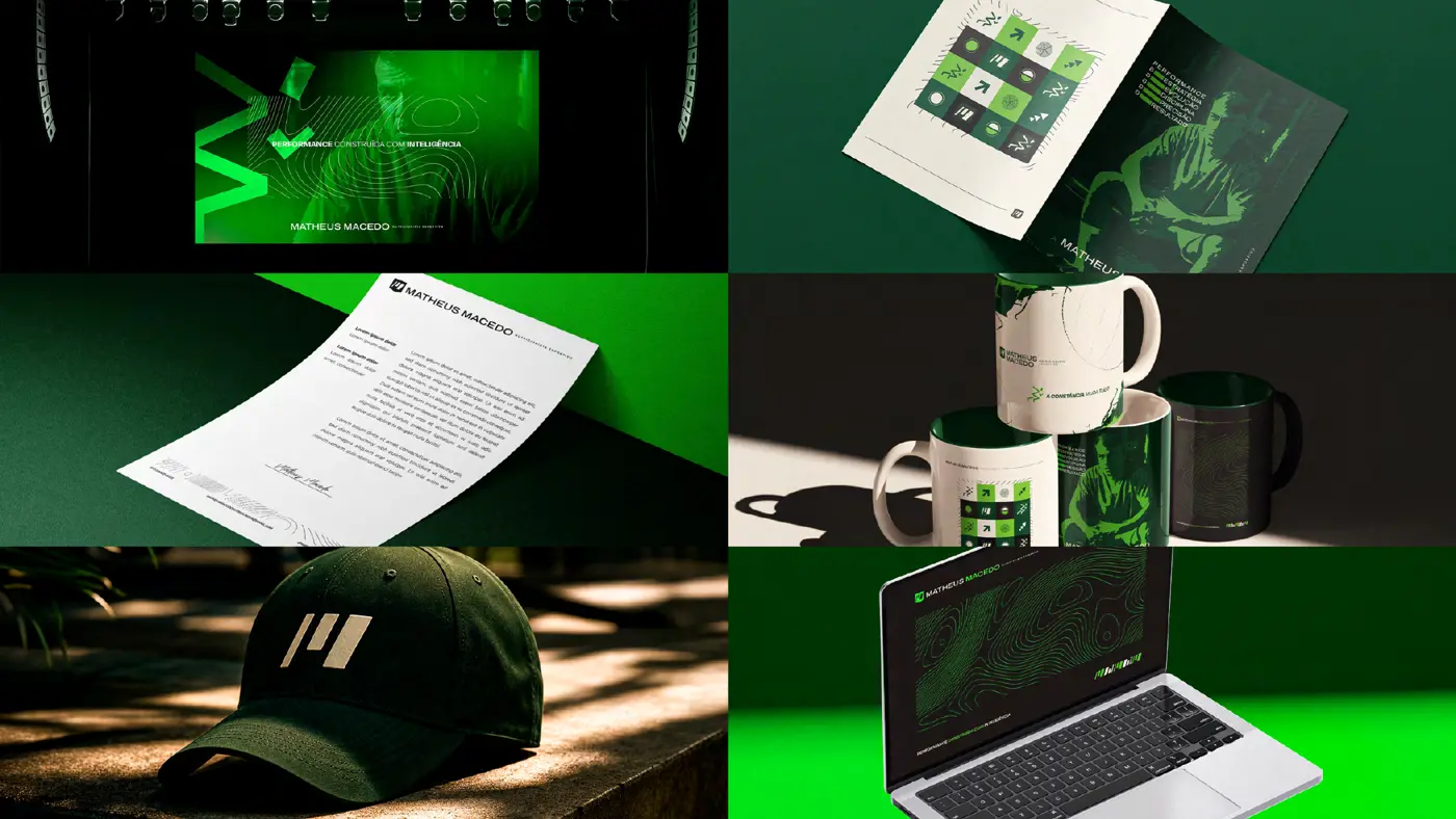 Aplicações da identidade visual de Matheus Macedo em verde e preto: papelaria, canecas, boné e notebook
