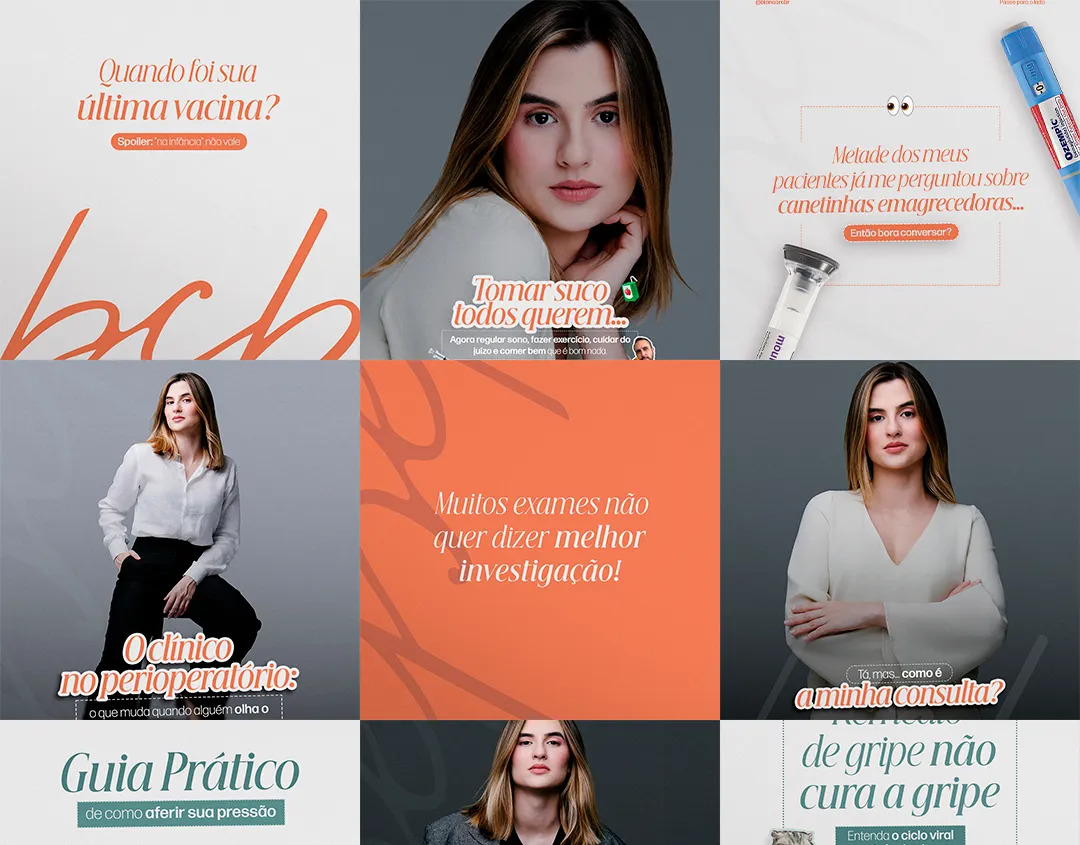 Posts da Dra Bianca Castelo Branco em laranja, cinza e verde