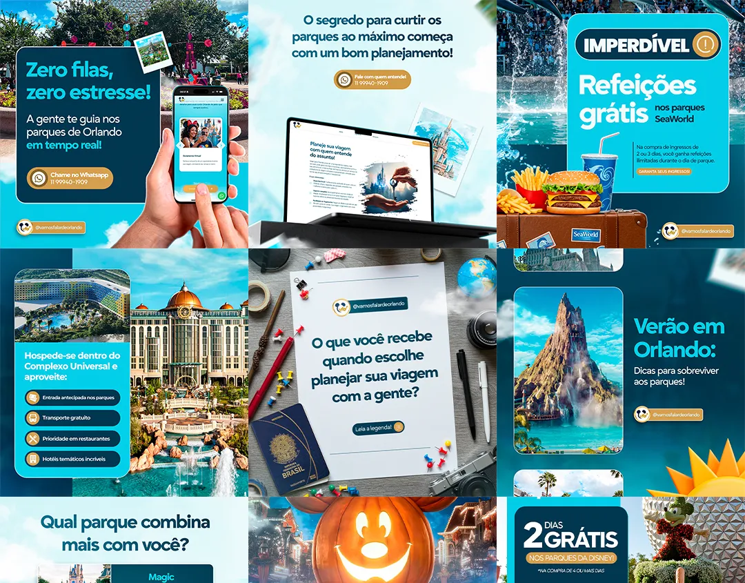 Posts do Vamos Falar de Orlando em azul com parques ao fundo
